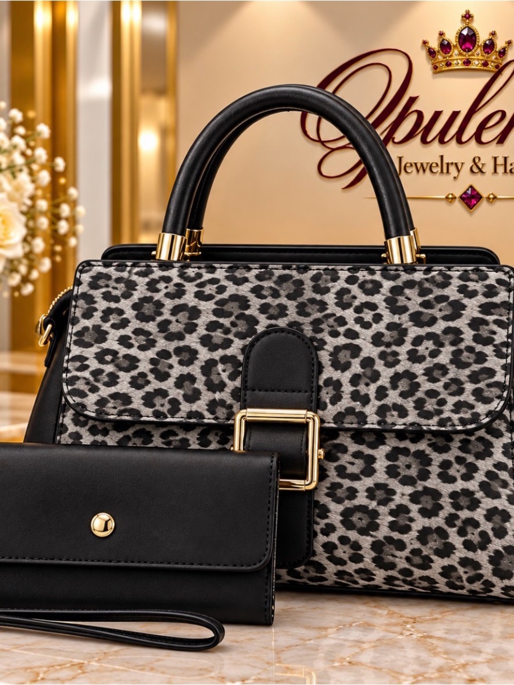 Black & Gray Leopard Print Top-Handle Satchel with Wallet